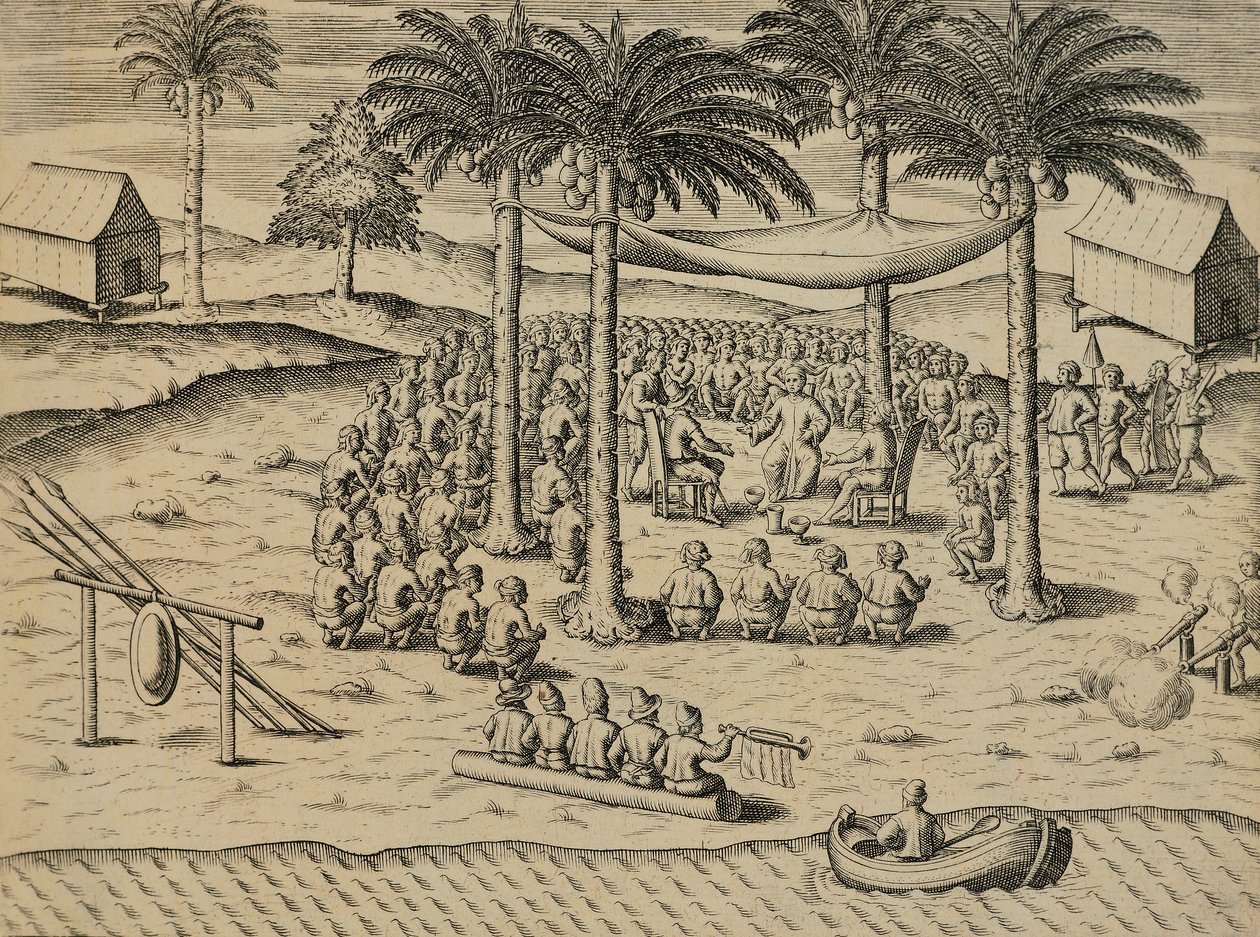 Accoglienza degli indigeni africani, illustrazione da Indiae Orientalis di Antonio Pigafetta da Theodore de Bry