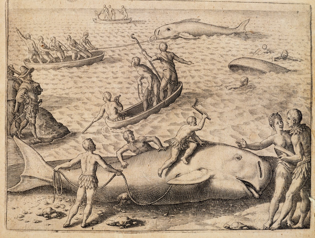 Caccia alla balena vicino a Spitsbergen, incisione di Theodor de Bry da India Orientalis da Theodore de Bry
