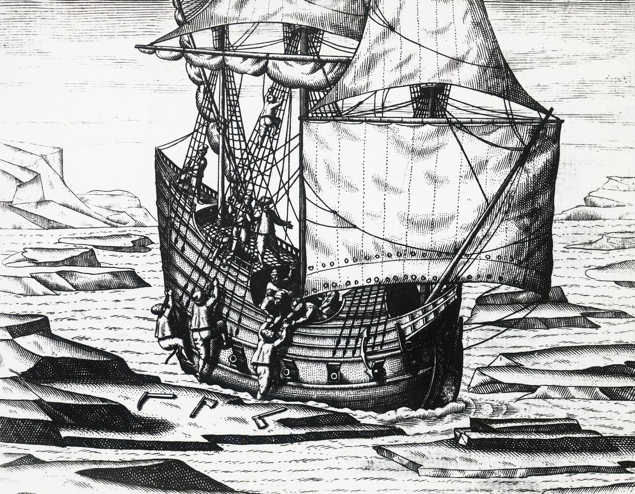 Nave di William Barents durante la terza spedizione olandese alla ricerca del Passaggio a Nord-Est, incisione di Theodor de Bry da Theodore de Bry