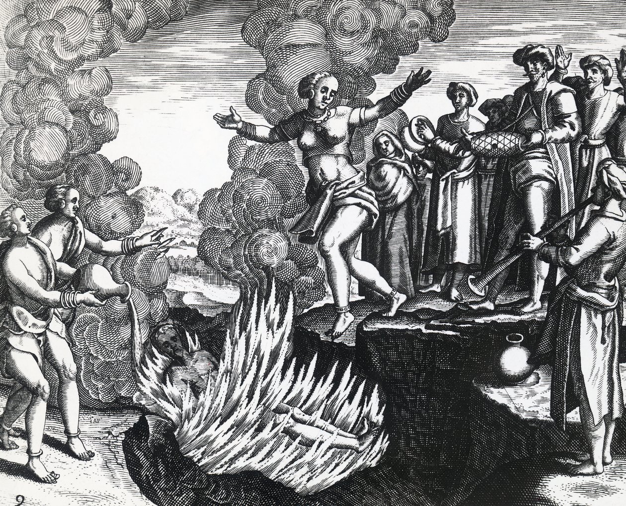Donna che si getta sulla pira del marito, incisione da Theodore de Bry