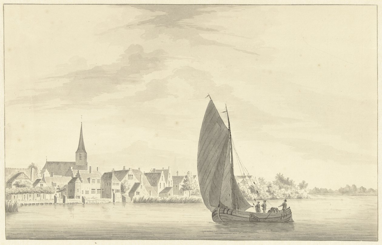 Il villaggio di Gouderak con una nave a vela in primo piano da Theodorus Cornelis Schutter