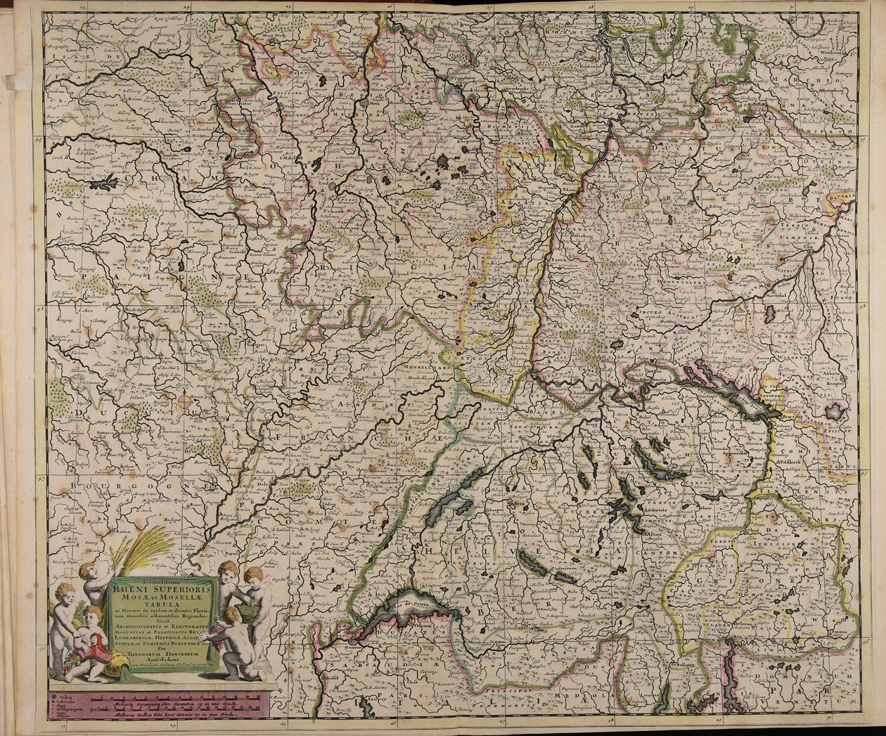 Accuratissima Rheni superioris Mosae et Mosellae tabula ac minores in eosdem in fluentes fluvii cum omnibus adherentibus regionibus sicut archiepiscopatus et electoratus Moguntini et Palatinatus Rheni Lotaringiae Helvetiae Alsatiae Sueviae et comitatus Bur da Theodorus Danckerts