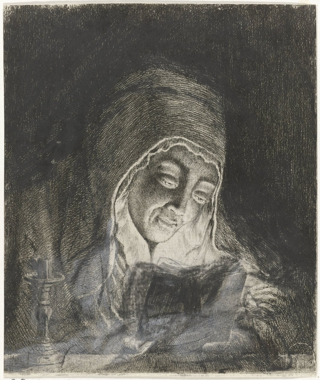 Donna che legge alla luce di una candela da Theodorus de Roode