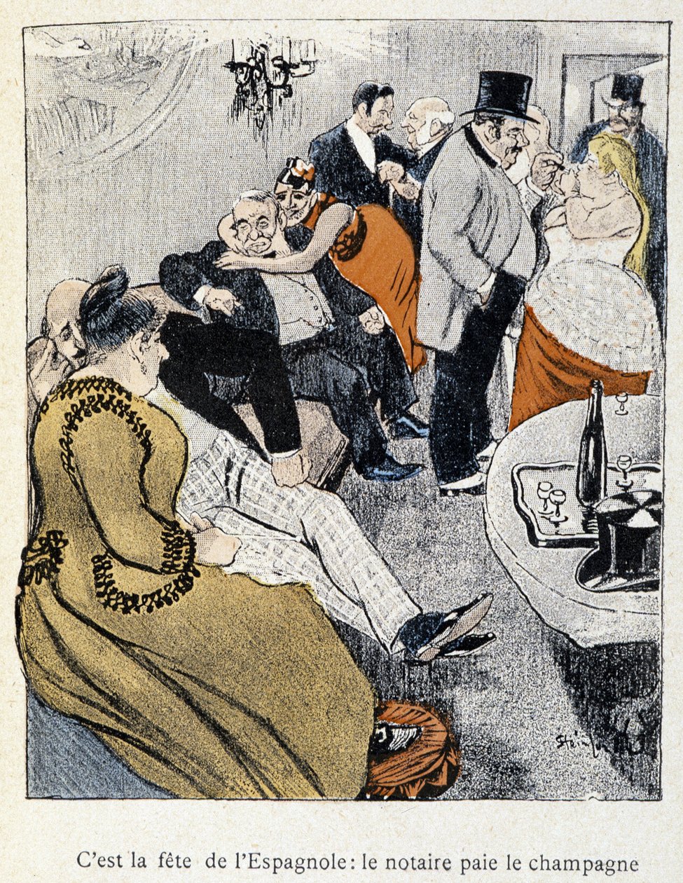 Filles et Marlous: È la festa degli spagnoli: il notaio paga lo champagne - in "Dans la vie", di Steinlen 1901 da Théophile Alexandre Steinlen