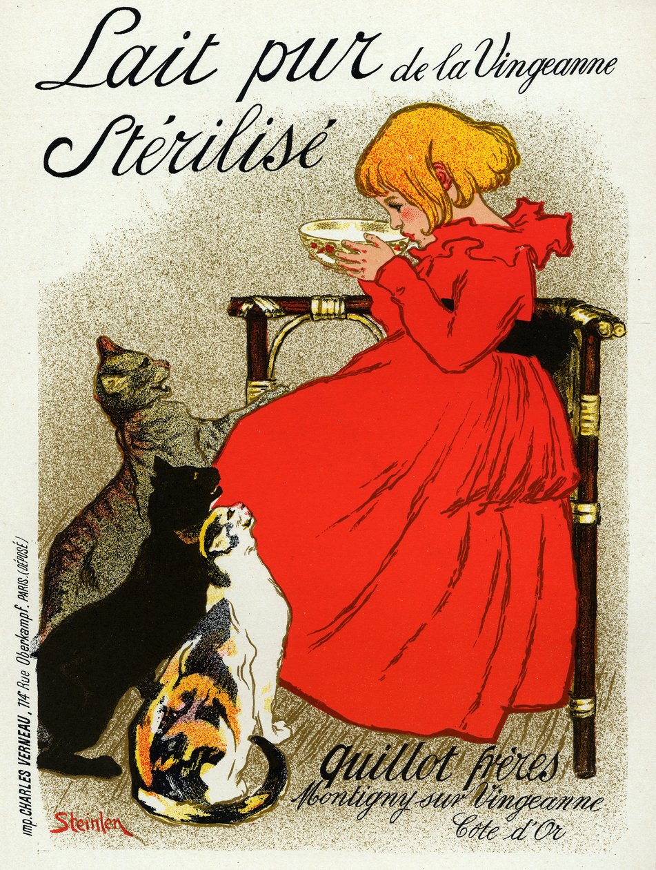 Cibo e bevande. Latte di Vingeanne. Bambina con gatti. Poster di Steinlen, Francia, c.1890 da Théophile Alexandre Steinlen
