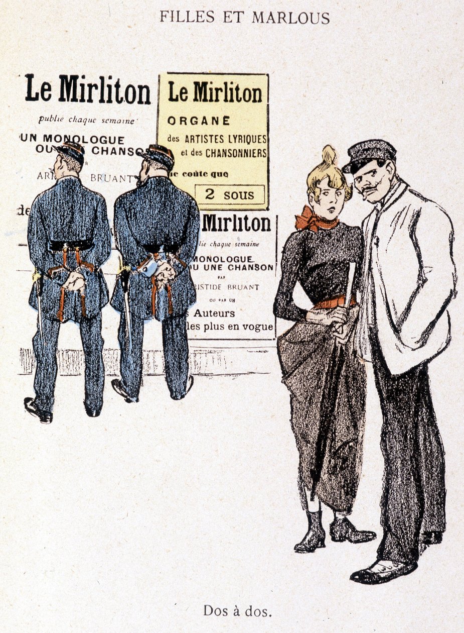 Ragazza e Marlou: un magnaccia e una prostituta dietro due poliziotti. In "In Life" di Steinlen da Théophile Alexandre Steinlen