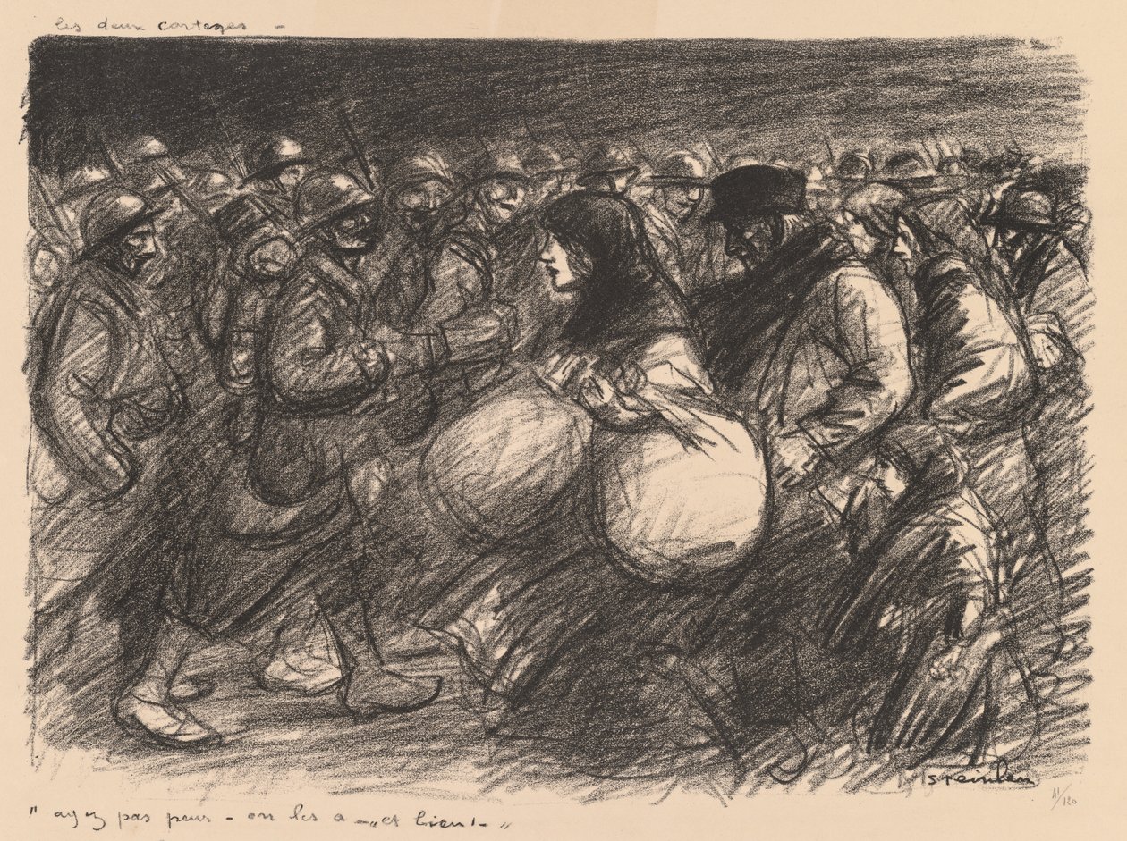 Sketch di guerra: i due cortei (Sketches de guerre: Les deux cortèges - "Ayez pas peur - on les a - et bien!") da Théophile Alexandre Steinlen