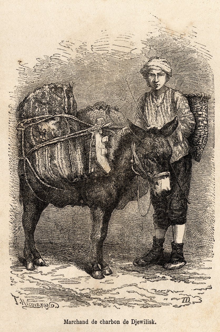 Un venditore di carbone, con il suo asino, a Djewilisk (Anatolia settentrionale), inciso dopo un disegno del narratore, illustrando un viaggio in Lazistan e Armenia, del 1869, di Theophile Deyrolle, pubblicato in 