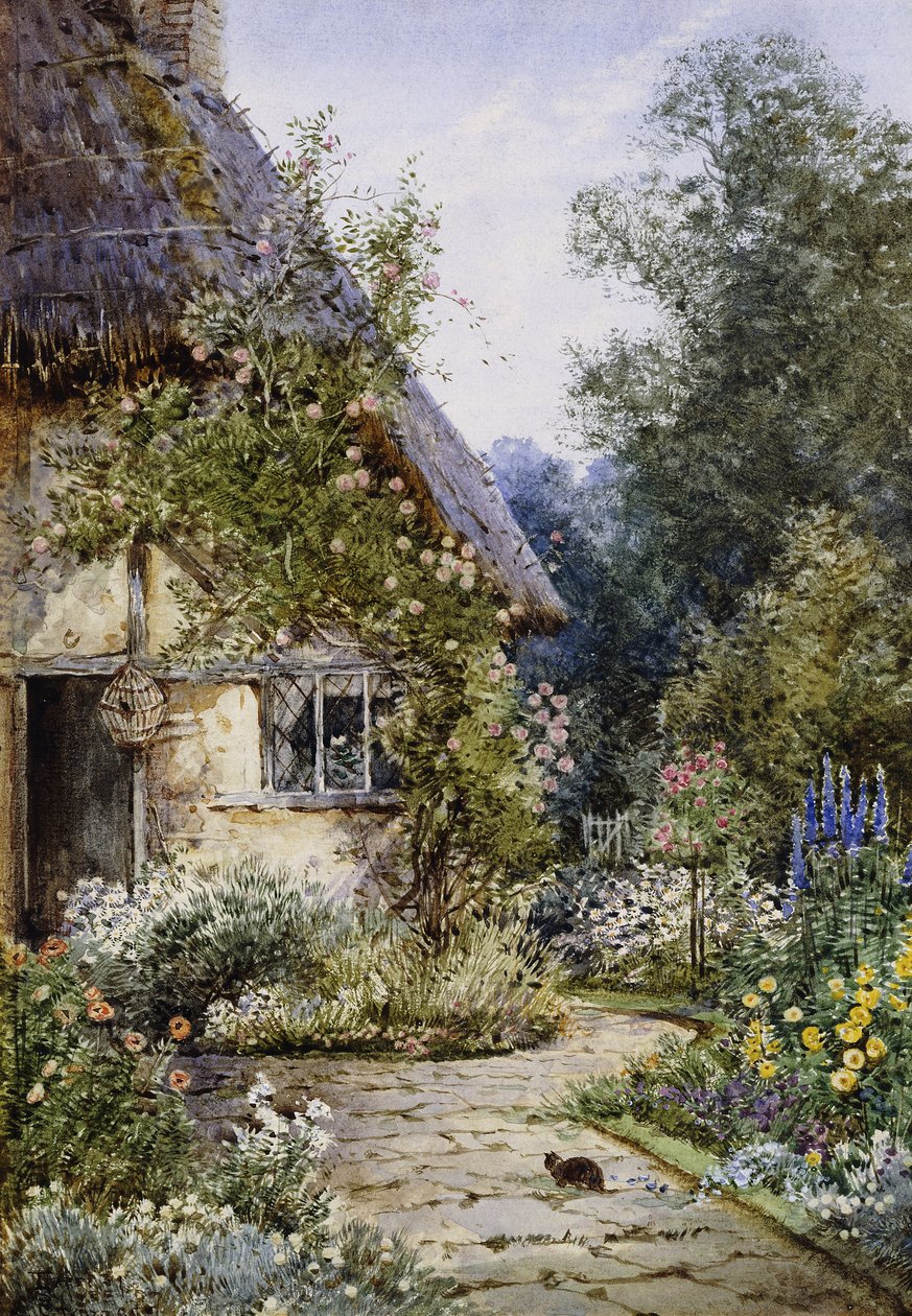Un giardino di cottage con un gatto in primo piano; e un bordo di cottage in estate da Theresa Sylvester Stannard
