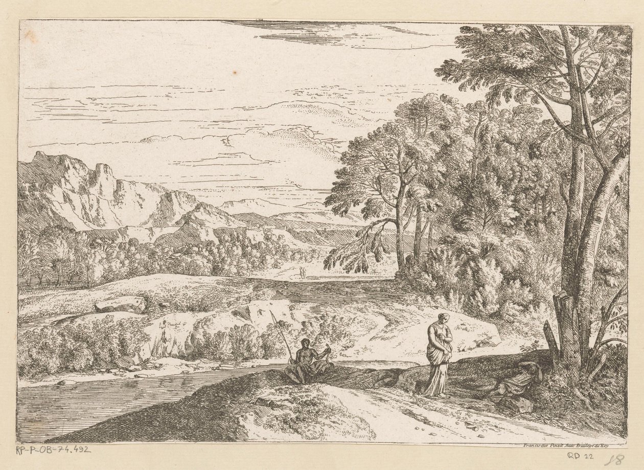 Arcadisch landschap met een een visser bij een beek da Théodore