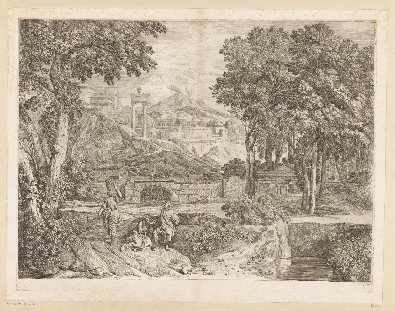 Paesaggio arcadico con due uomini e una donna che porta frutta da Théodore