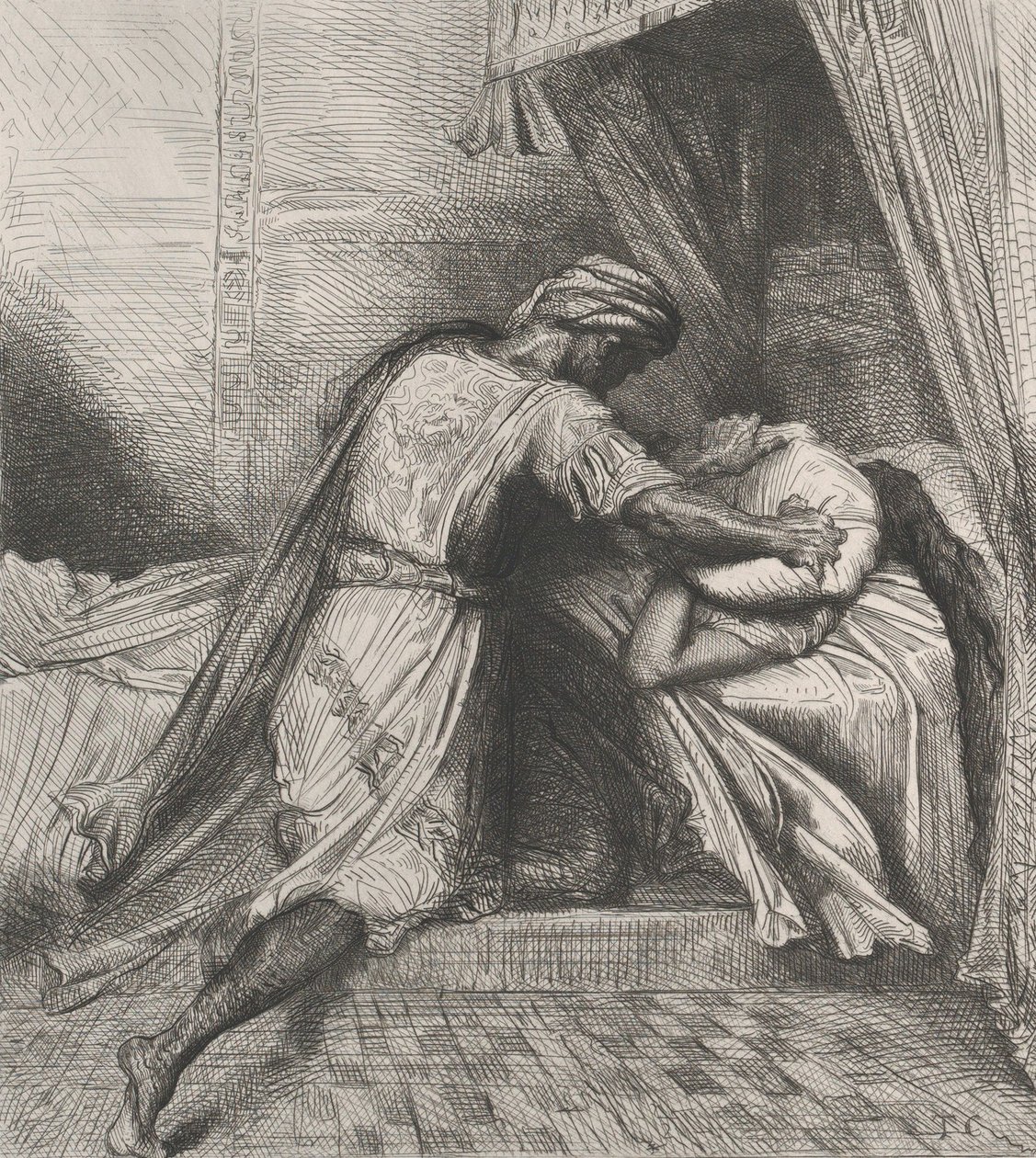 La soffoca: tavola 13 da Otello Atto 5, Scena 2, inciso 1844, ristampato 1900 da Théodore Chassériau