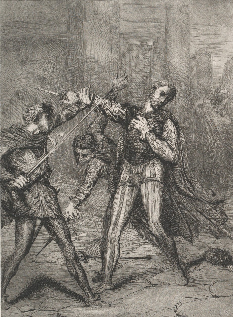 Villain, thou diest: tavola 10 da Otello Atto 5, Scena 1, inciso 1844, ristampato 1900 da Théodore Chassériau