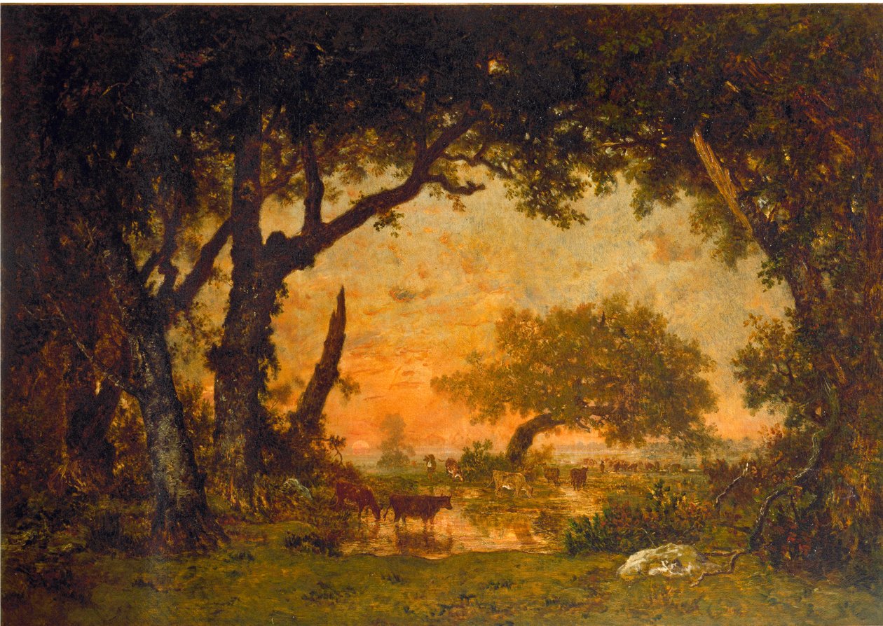 Uscita dalla foresta a Fontainebleau, tramonto da Pierre Etienne Theodore Rousseau
