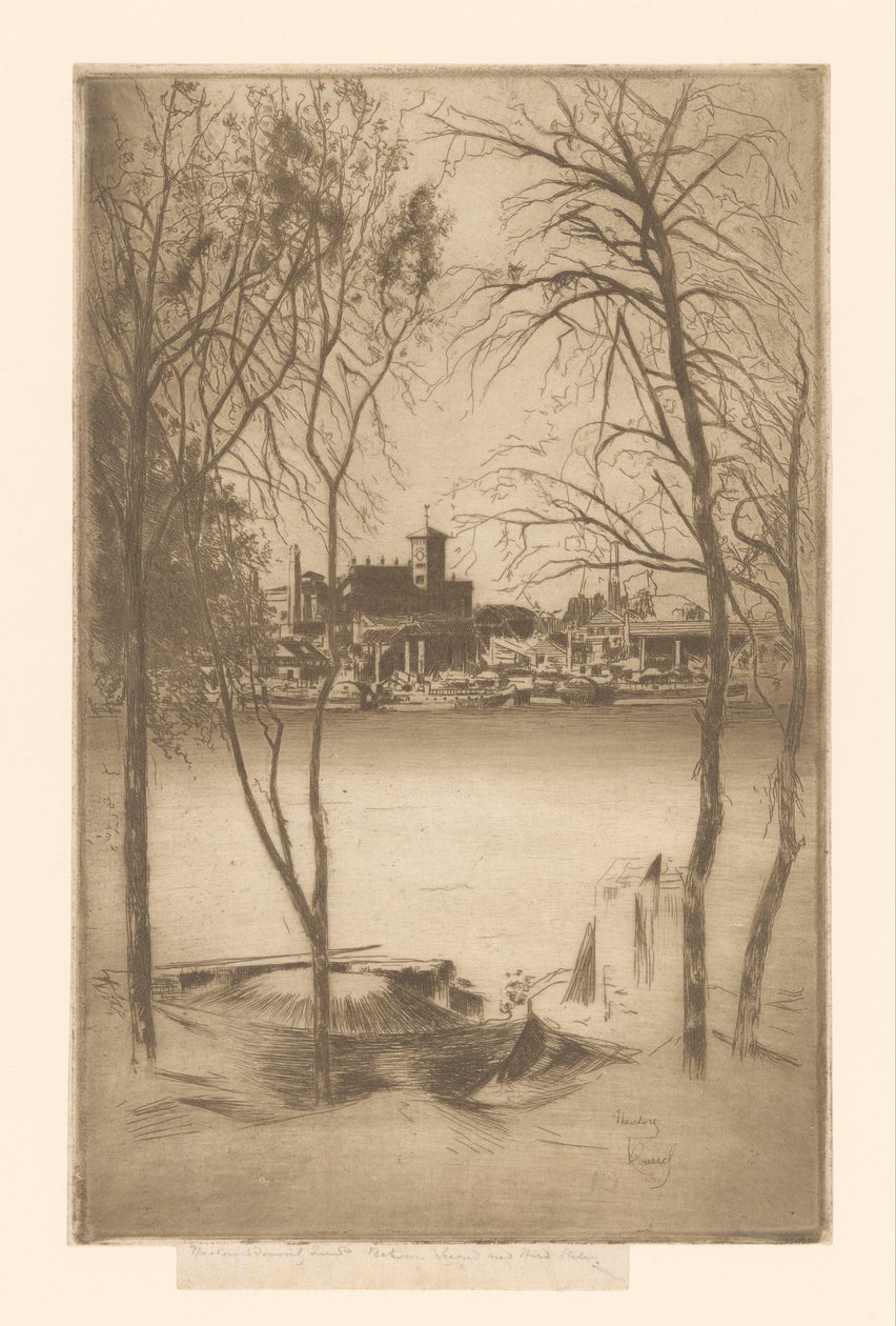Veduta di un fiume con porto e industria da Théodore Roussel (signed by artist)