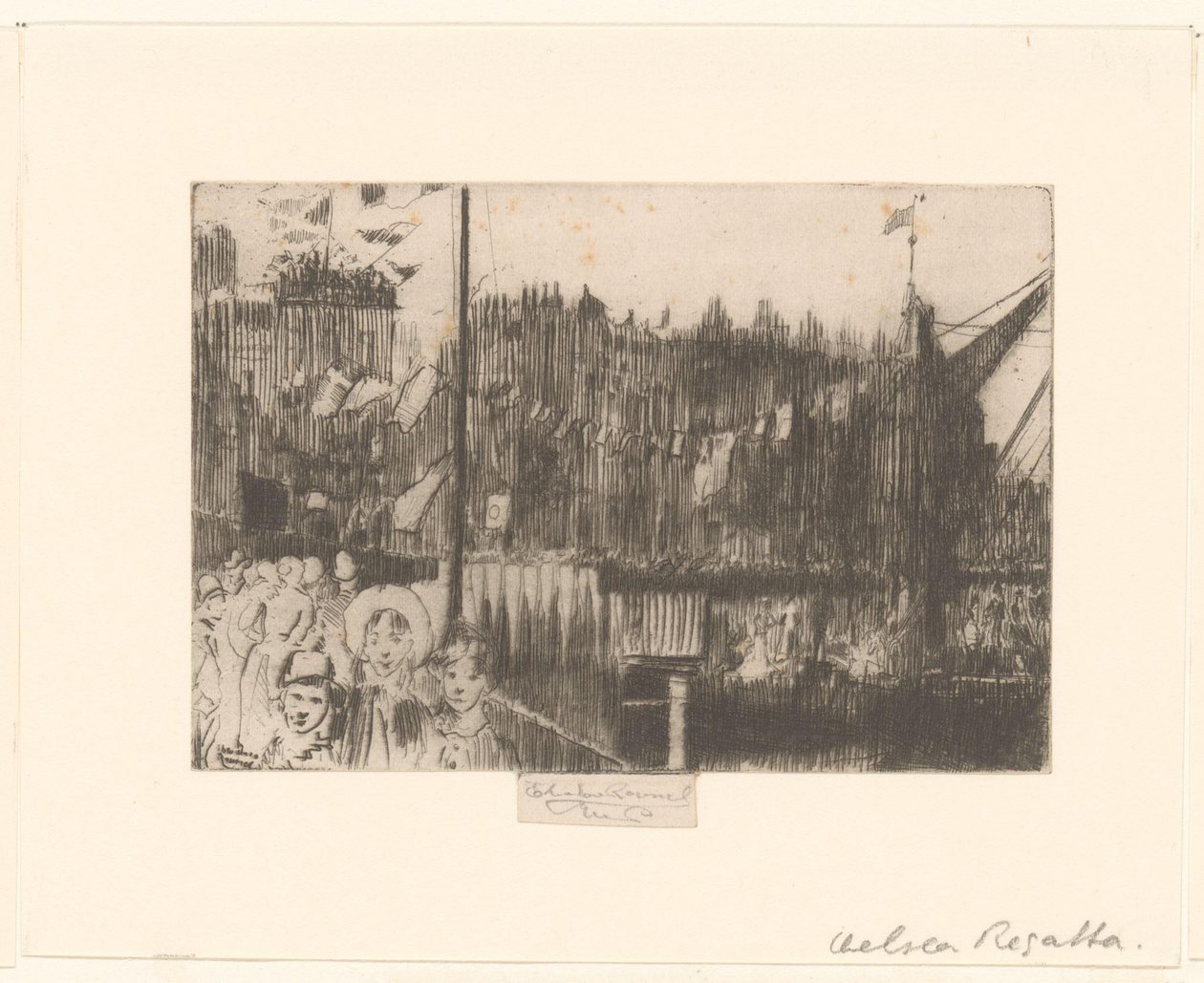 Veduta della città con figure su un molo decorato con bandiere da Théodore Roussel (signed by artist)