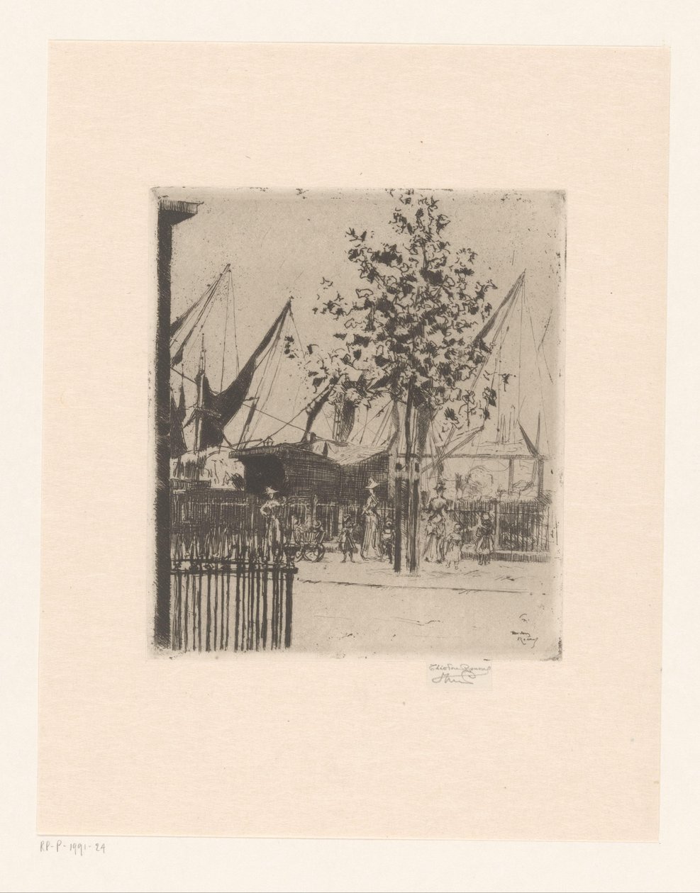 Veduta di strada con figure vicino a un porto da Théodore Roussel (signed by artist)