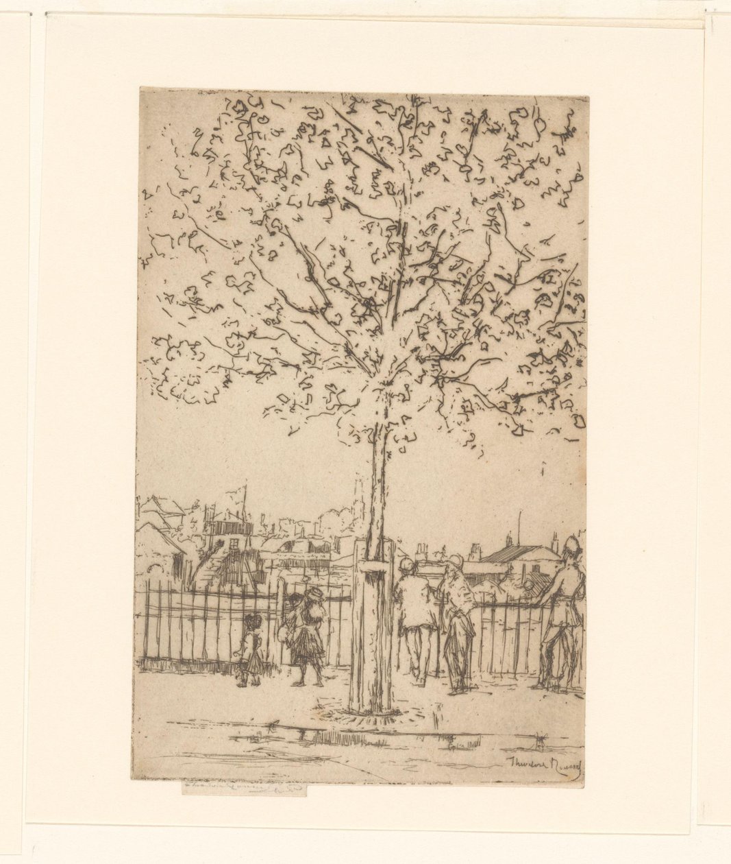 Sei figure vicino a una recinzione lungo un fiume, in primo piano un albero da Théodore Roussel (signed by artist)