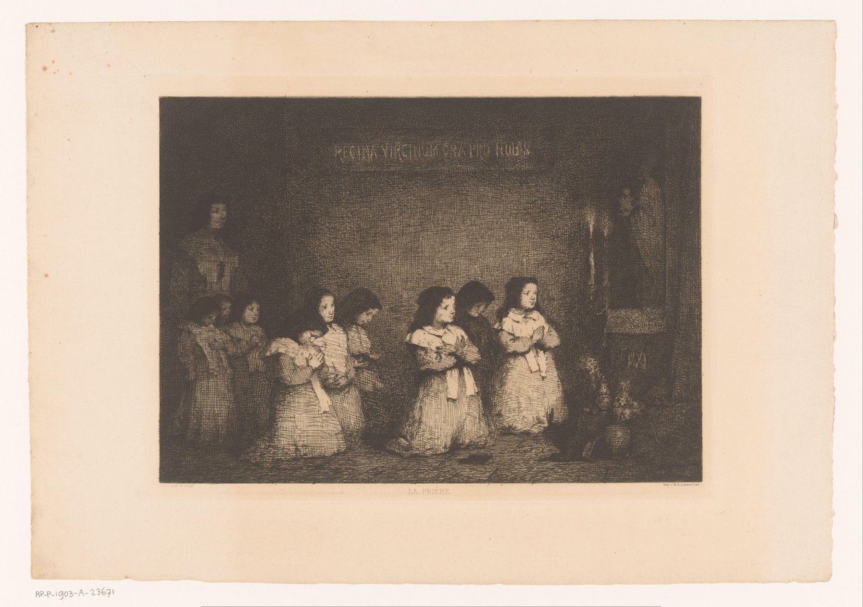 Gruppo di ragazze in preghiera davanti a una statua della Madonna da Théodule Augustin Ribot