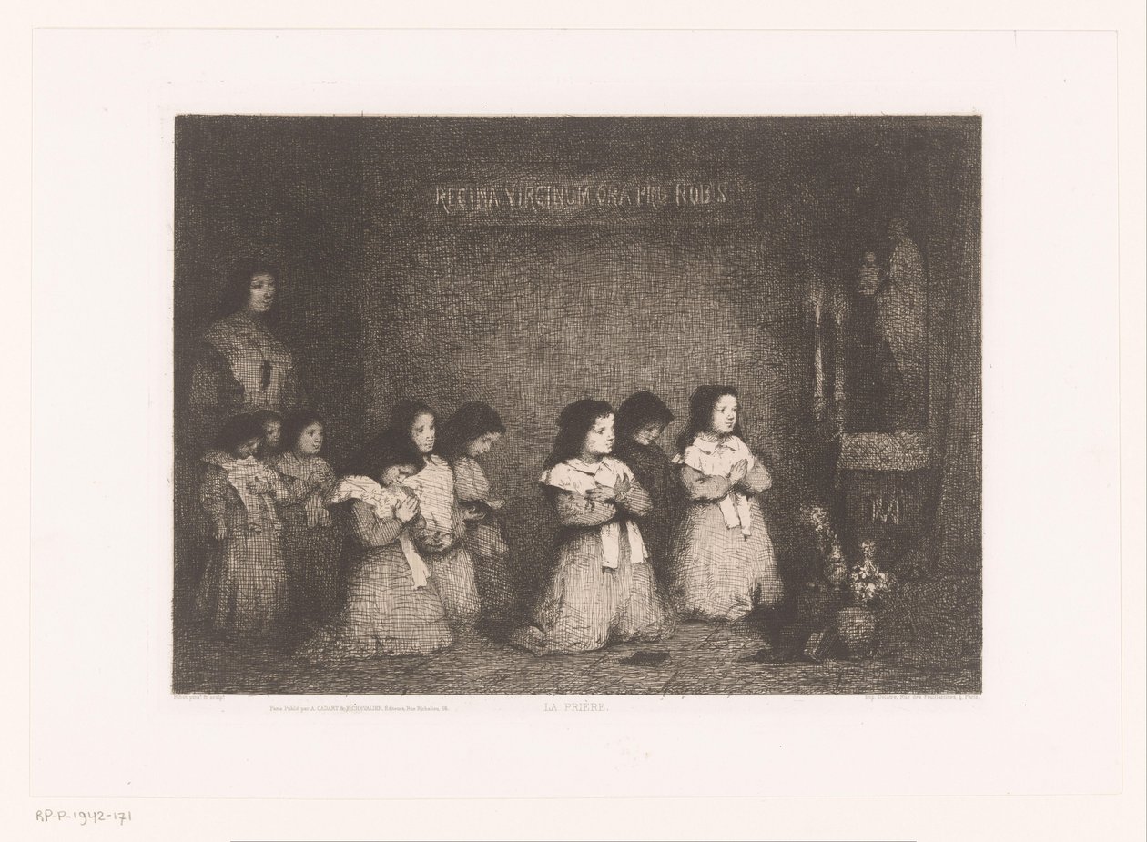 Gruppo di ragazze in preghiera davanti a una statua della Madonna da Théodule Augustin Ribot