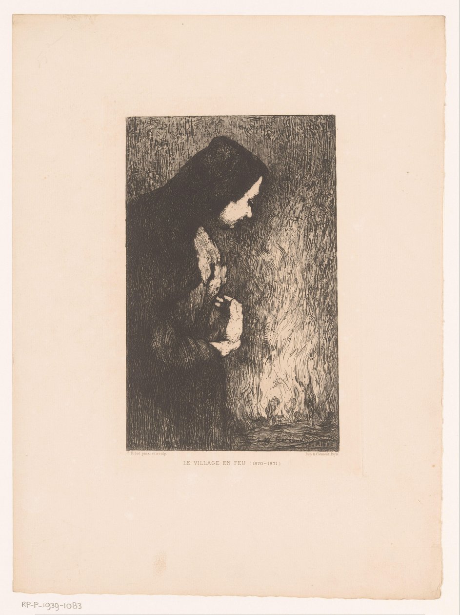 Donna in piedi che guarda un villaggio in fiamme da Théodule Augustin Ribot