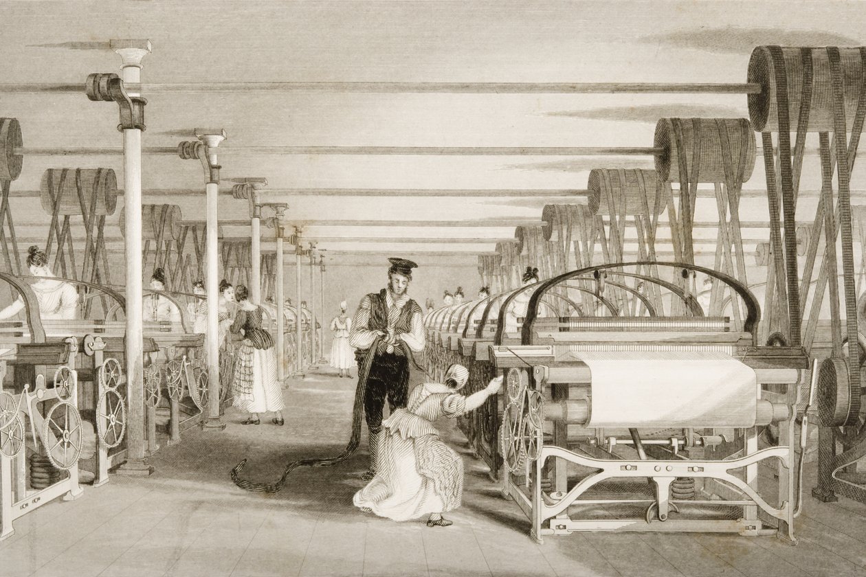 Tessitura su Telai Meccanici, pavimento della fabbrica di cotone, inciso da James Tingle (fl.1830-60) c.1830 da Thomas Allom