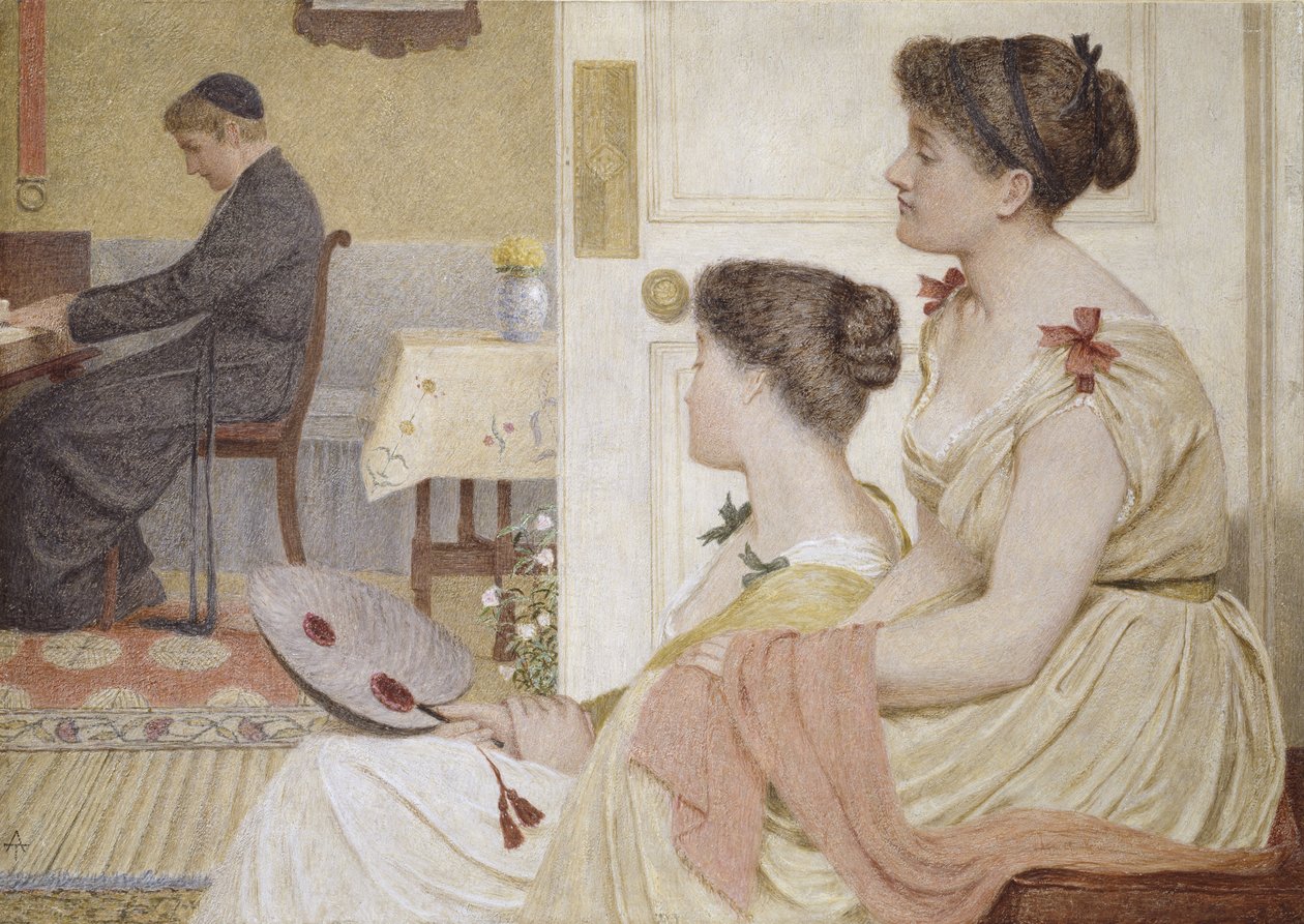 Scena in salotto con un giovane prete al pianoforte da Thomas Armstrong