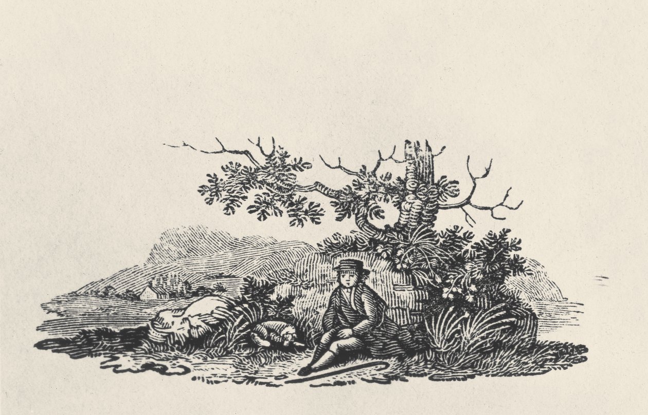 Un gentiluomo sotto un albero, da Land Birds, pubblicato 1797 da Thomas Bewick