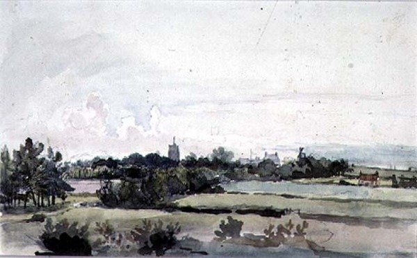 Paesaggio del Suffolk, campi con una cintura di alberi, una torre della chiesa, case e un mulino a vento da Thomas Churchyard
