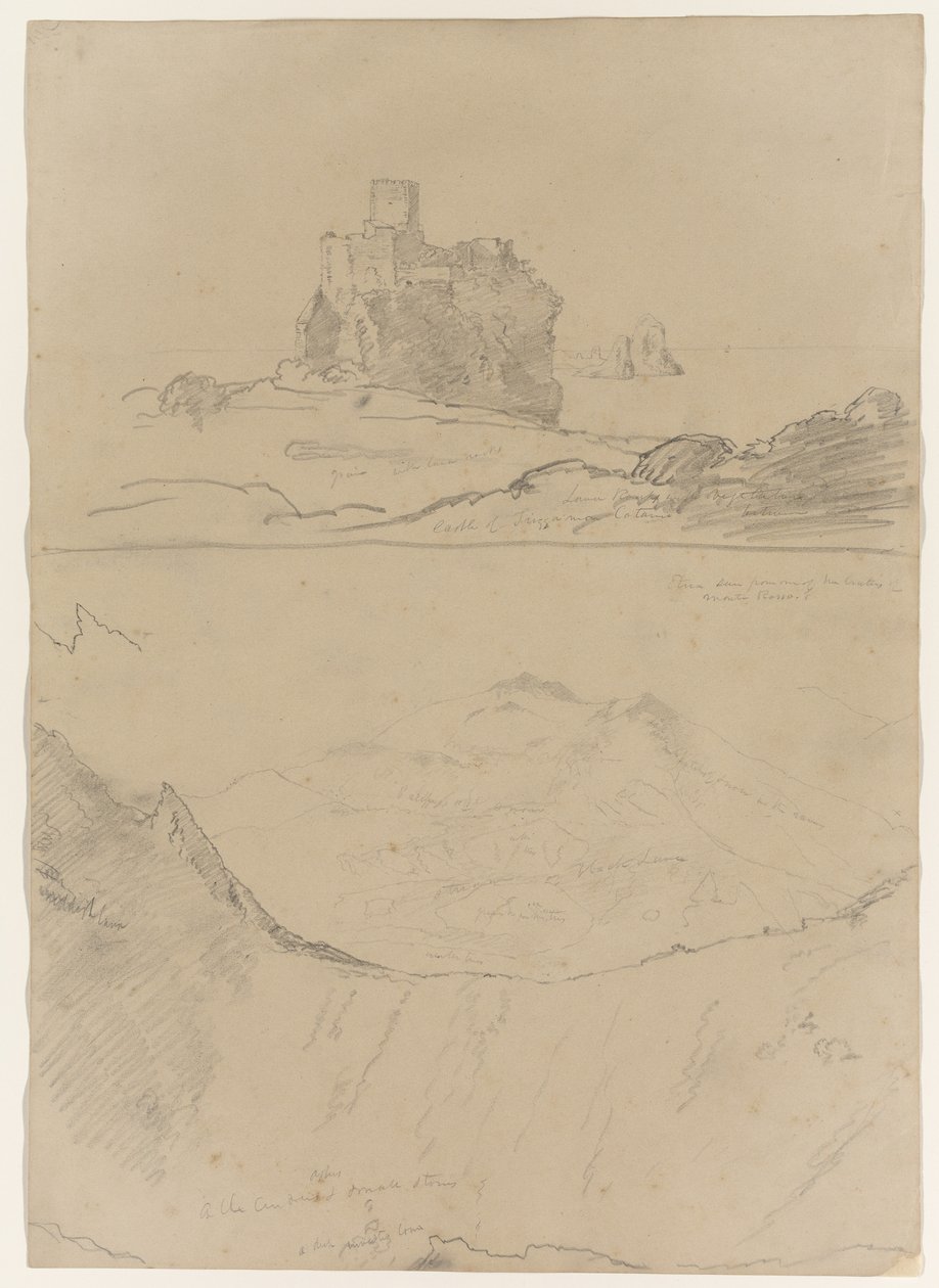Castello di Trezza vicino a Catania e Etna, visto da Monte Rosso e anche da uno dei Crateri di Monte Rosso, Sicilia, 1842 da Thomas Cole