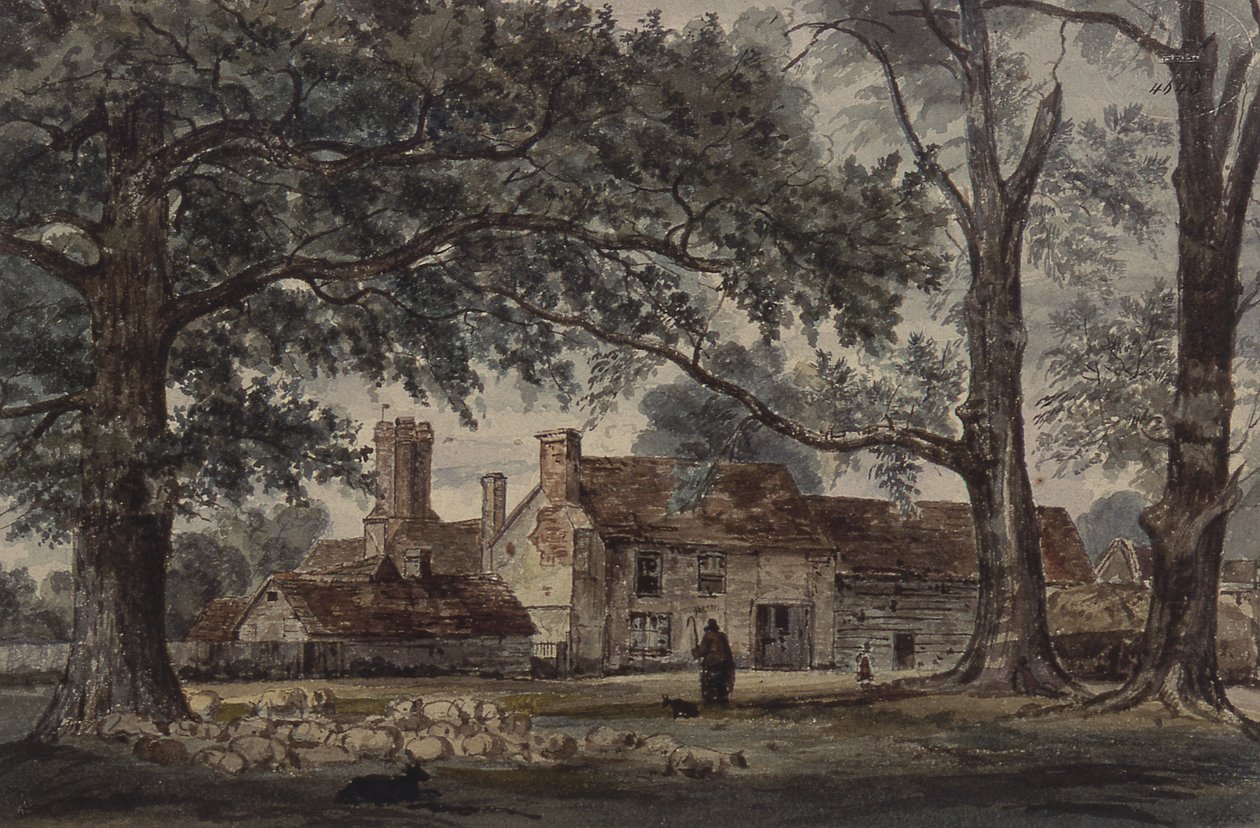 Edifici agricoli e un pastore con un gregge di pecore da Thomas Collier
