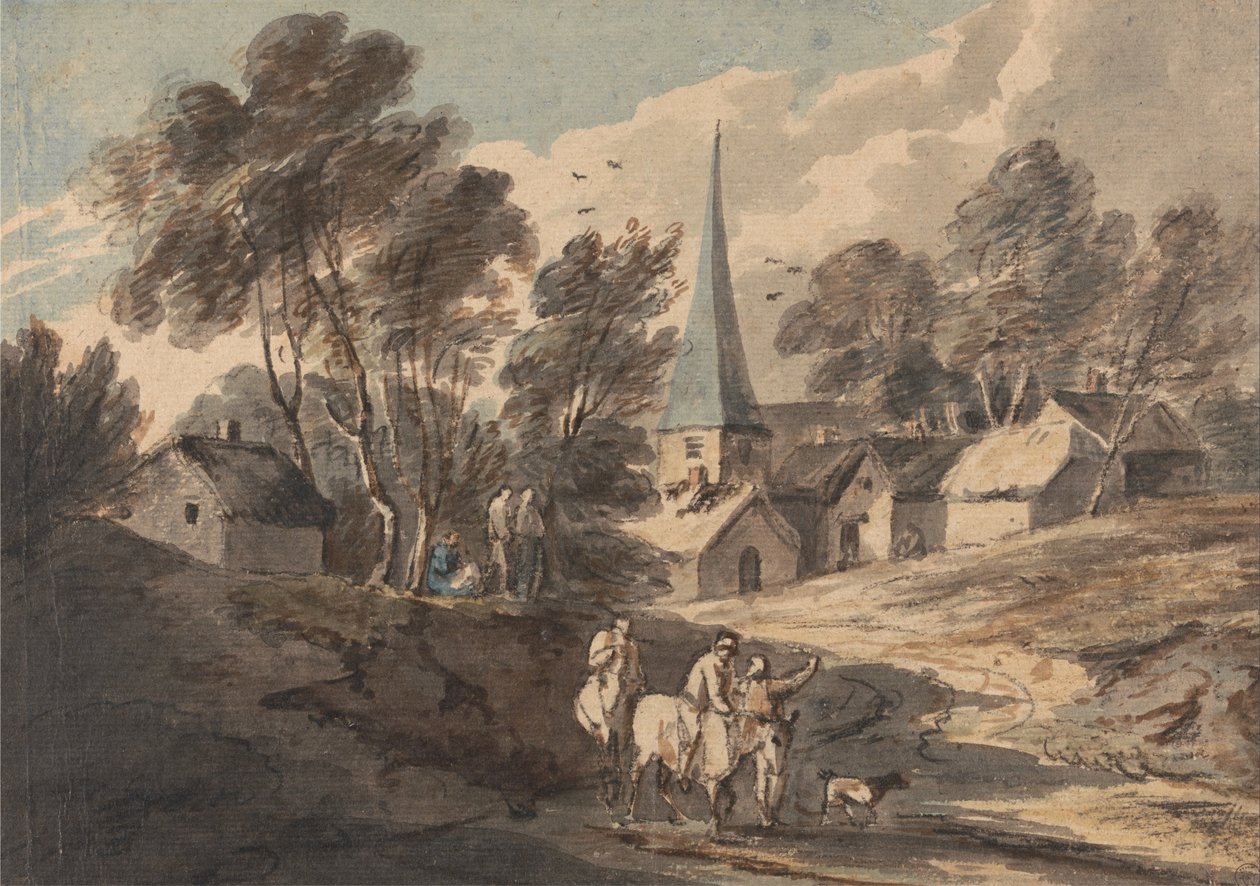 Viaggiatori a cavallo che si avvicinano a un villaggio con una guglia da Thomas Gainsborough