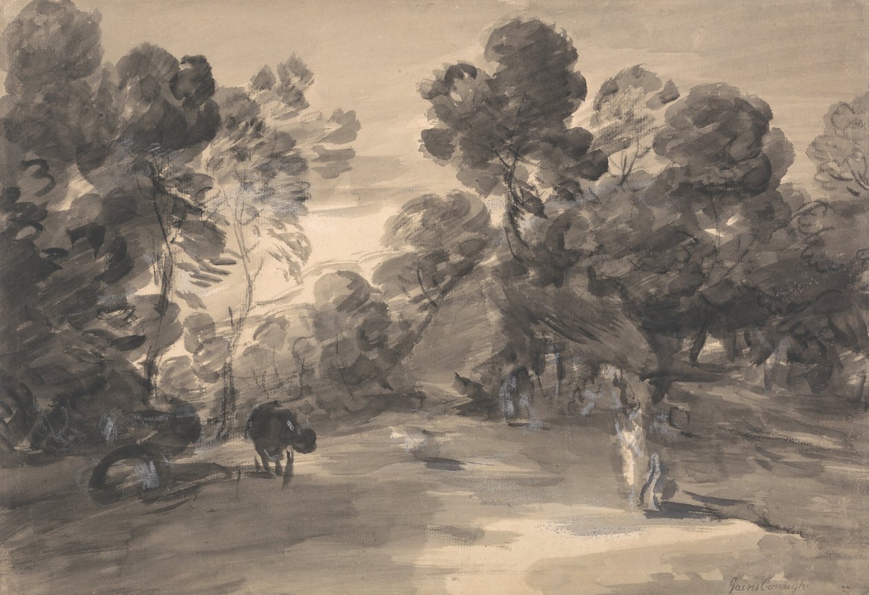 Paesaggio boscoso con figure, cottage e mucca da Thomas Gainsborough