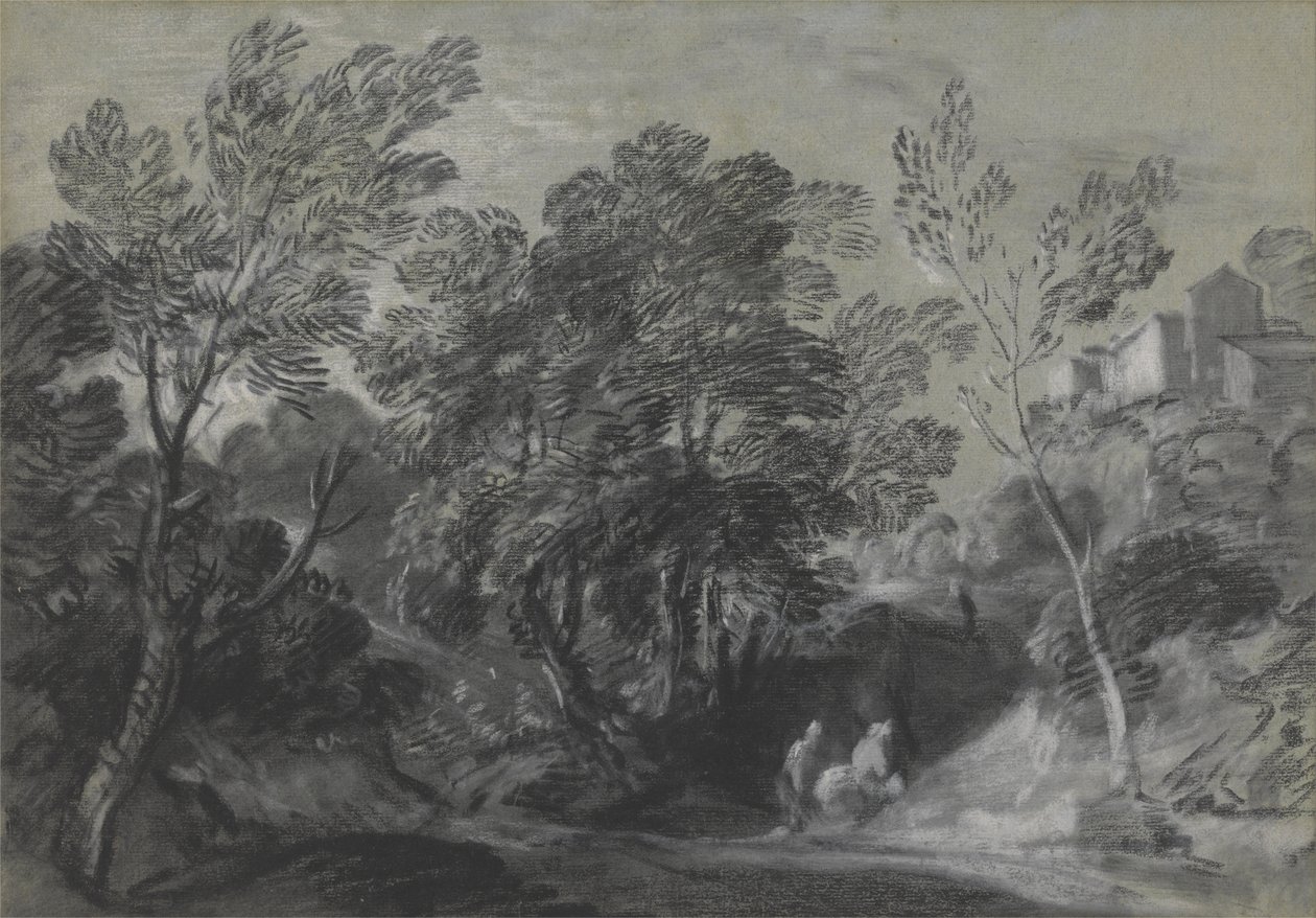 Paesaggio boscoso con figure e case sulla collina da Thomas Gainsborough