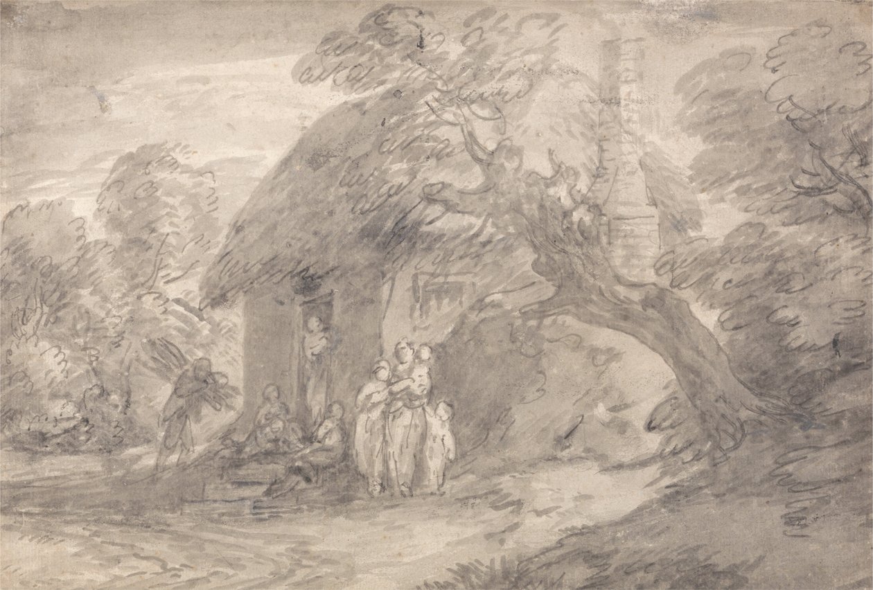 Paesaggio boscoso con figure fuori dalla porta di un cottage da Thomas Gainsborough