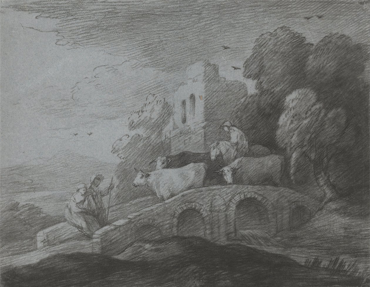 Paesaggio boscoso con mandriano che guida il bestiame su un ponte, amanti rustici e castello in rovina da Thomas Gainsborough