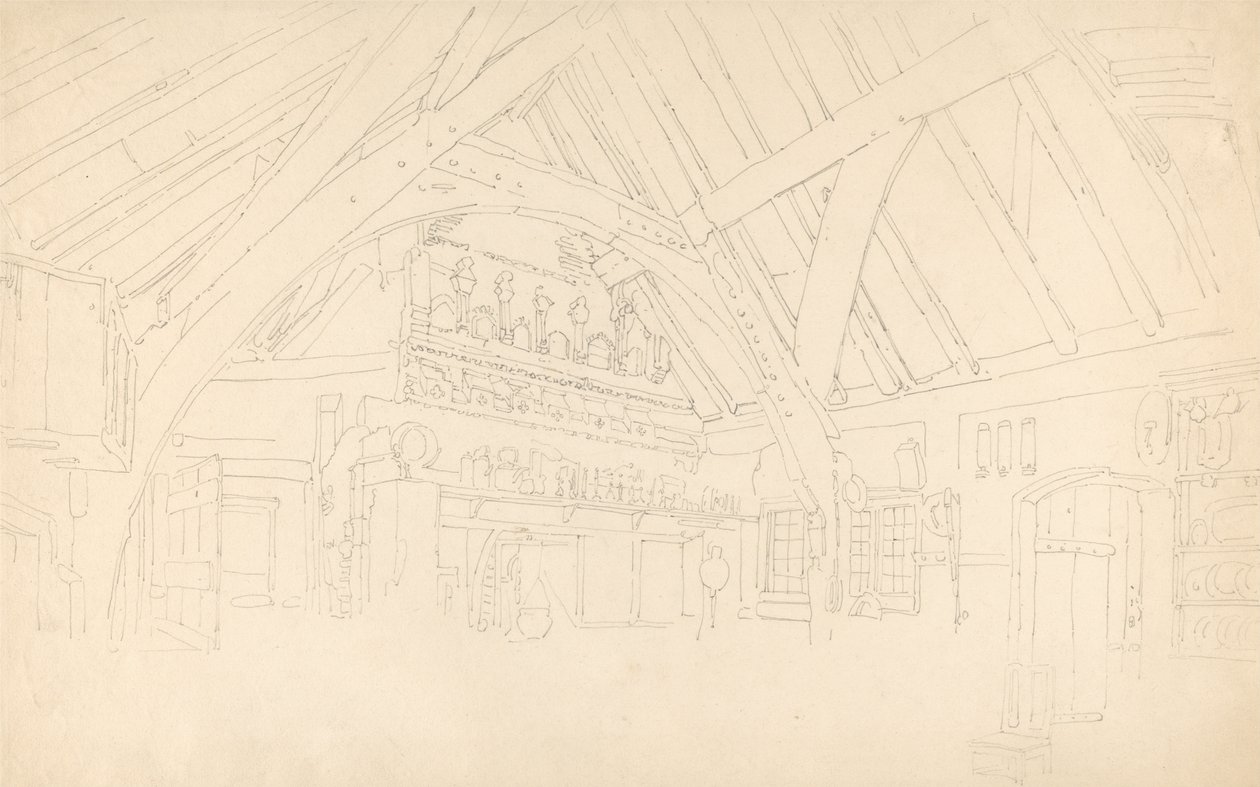 Castello di Stokesy - Interno di una sala con travi da Thomas Girtin