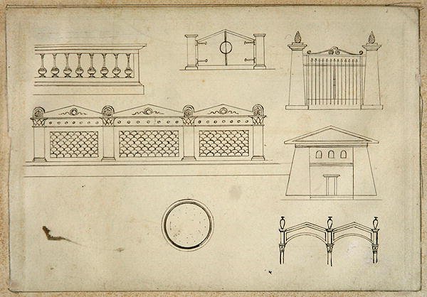 Progetti per cancelli, muri e balaustre, da Ventuno disegni a penna di dettagli decorativi in stile antico da Thomas Hope