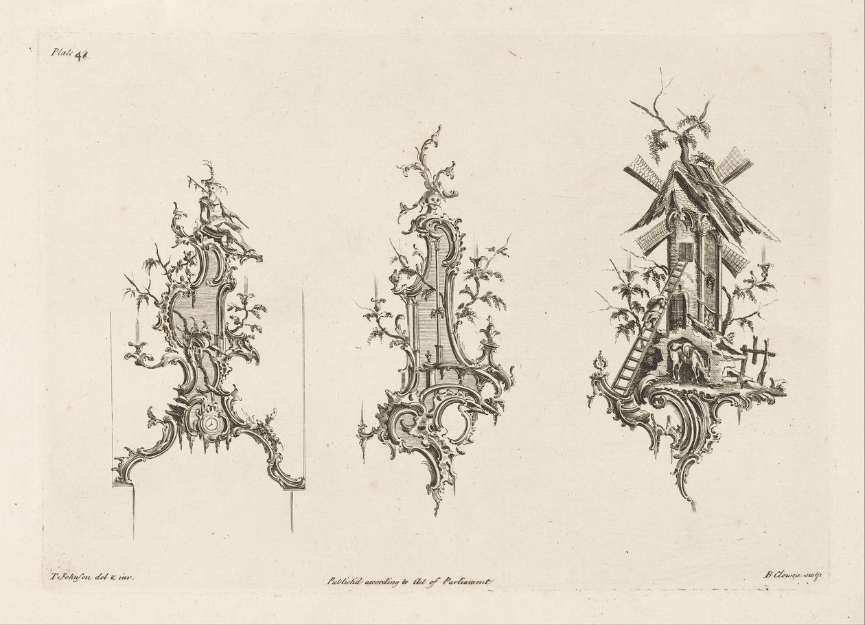 Tre progetti per applique in stile cinese, Tavola 48 in Centocinquanta nuovi disegni da Thomas Johnson