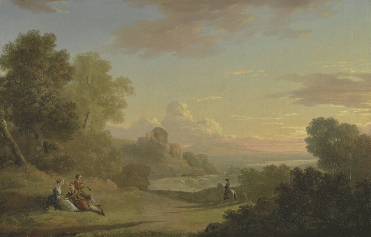 Paesaggio immaginario con un viaggiatore e figure che guardano la baia di Baiae, 1773 da Thomas Jones
