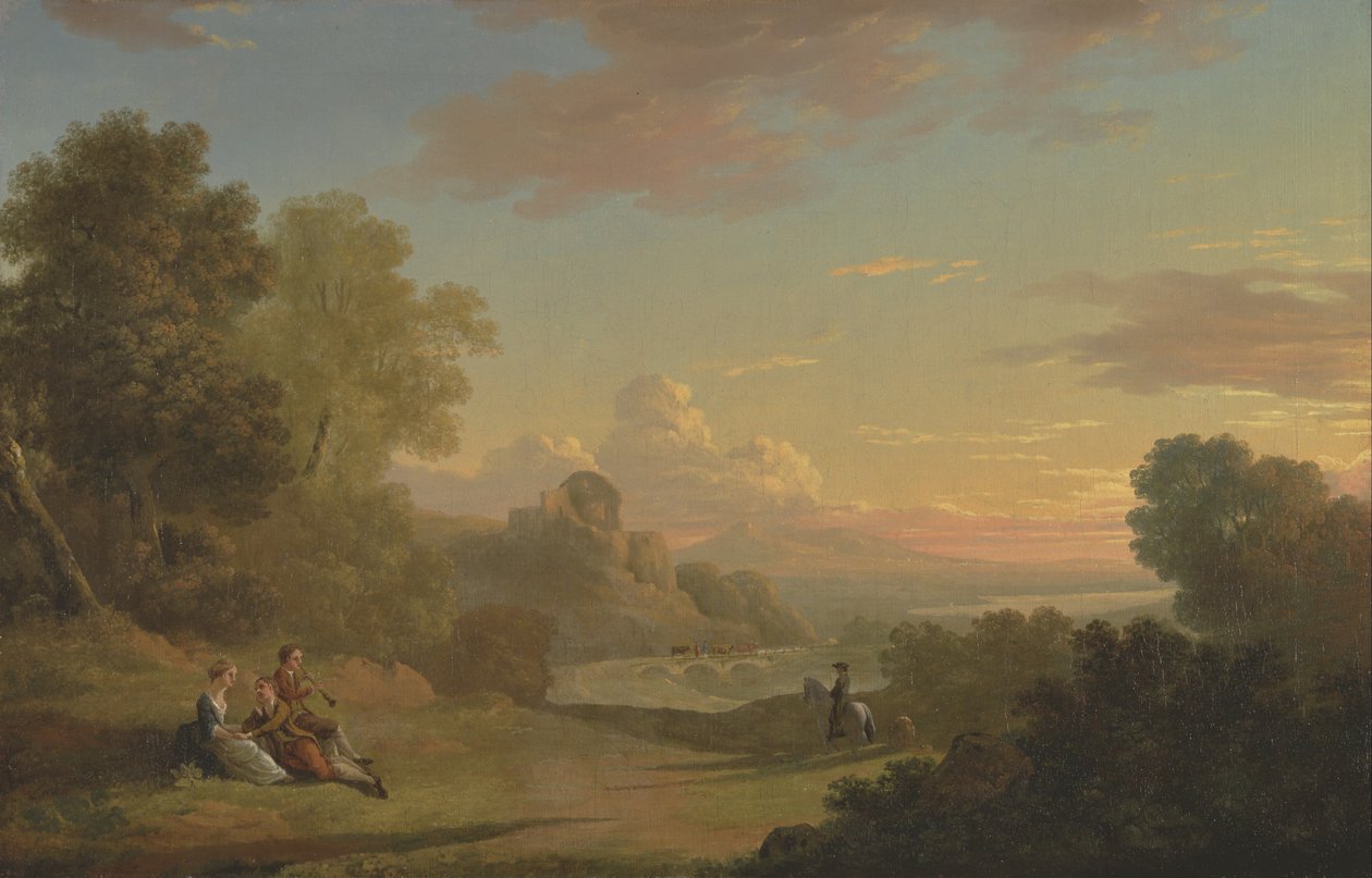 Paesaggio immaginario con un viaggiatore e figure che guardano la baia di Baiae da Thomas Jones