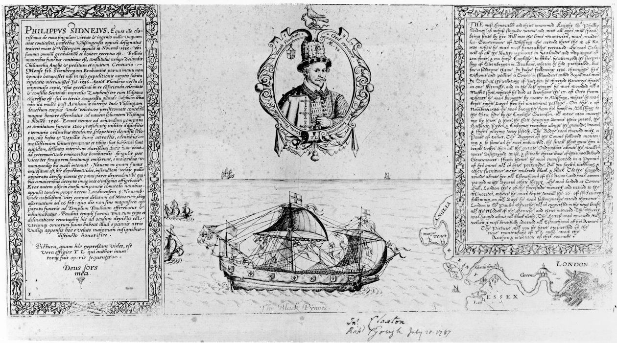 La Pinnace Nera Riporta il Corpo di Sir Philip Sidney a Londra, pub. nel 1588 da Thomas Lant