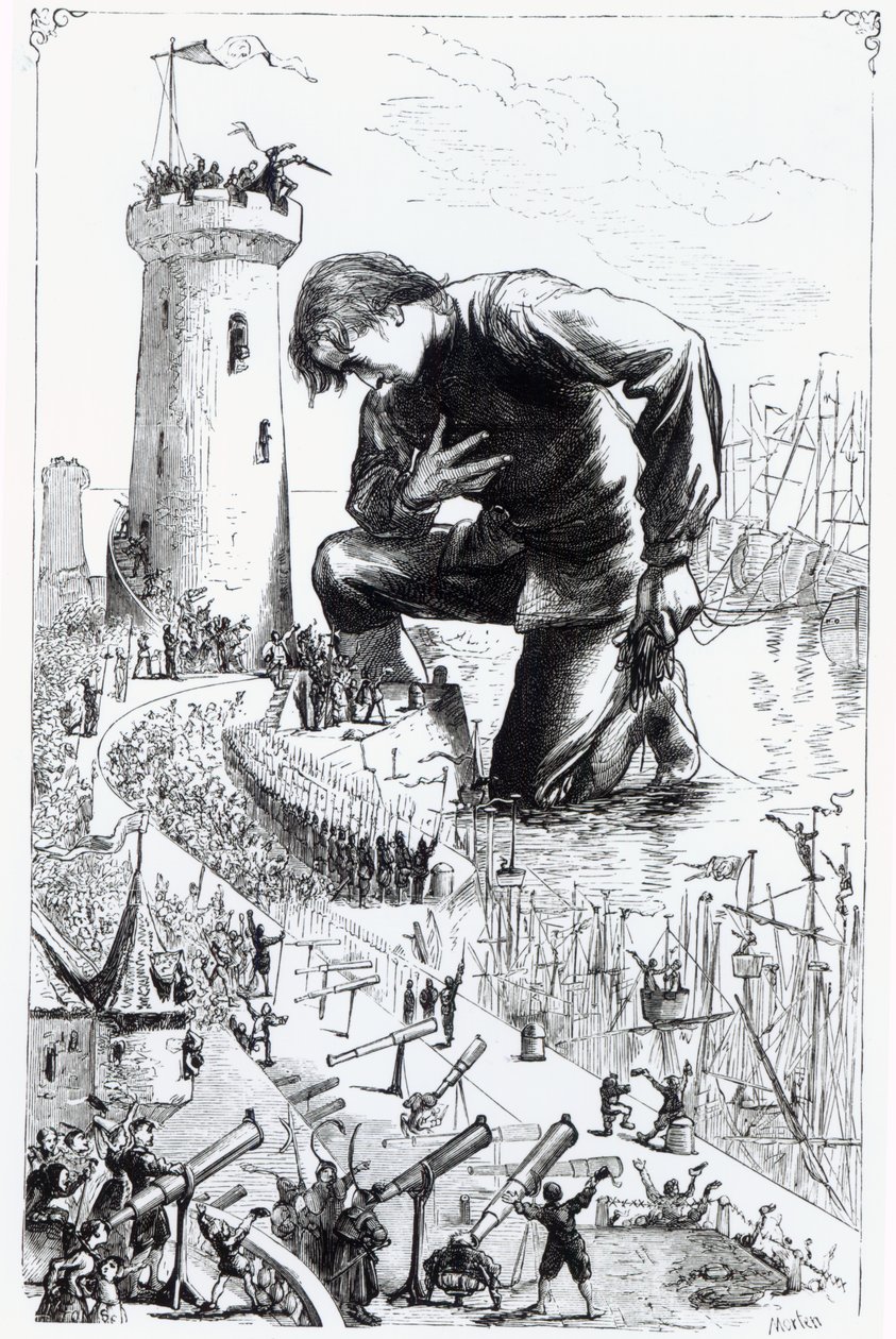 Gulliver si inginocchia davanti ai Lillipuziani dopo aver rubato la flotta di Blefuscu, illustrazione da 