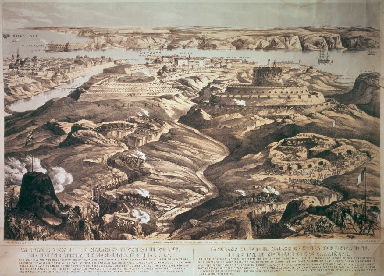Vista panoramica della Torre di Malakoff e delle opere esterne, la Batteria Redan, il Mamelon e le Cave, pub. 1855 da Stannard e Dixon da Thomas Packer