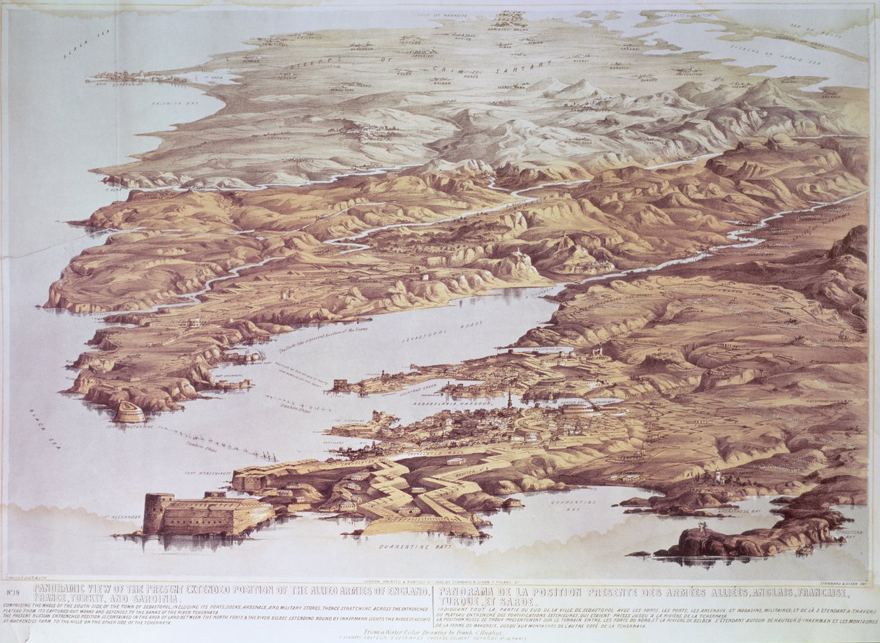 Vista panoramica della posizione estesa attuale degli eserciti alleati di Inghilterra, Francia, Turchia e Sardegna, da un disegno ad acquerello di Frank C. Hughes, pub. da Stannard e Dixon, 1855 da Thomas Packer