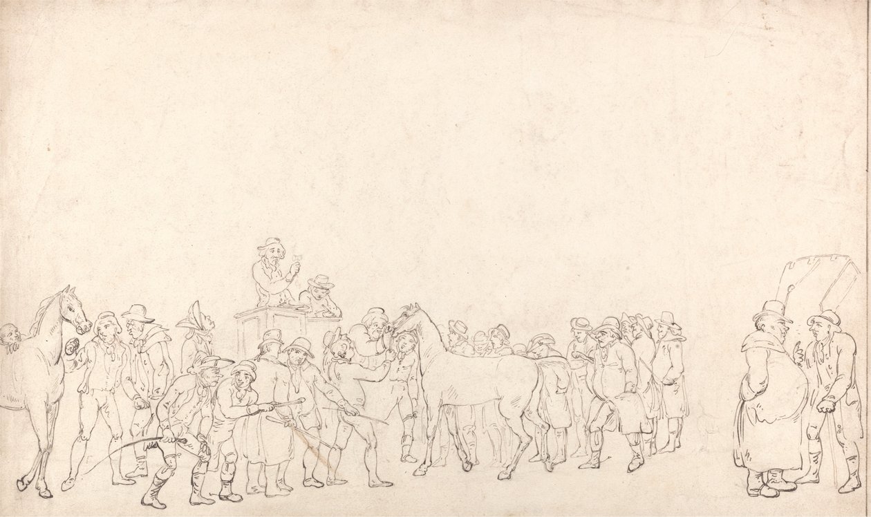 Vendita di cavalli al deposito di Hopkins (un contorno) da Thomas Rowlandson