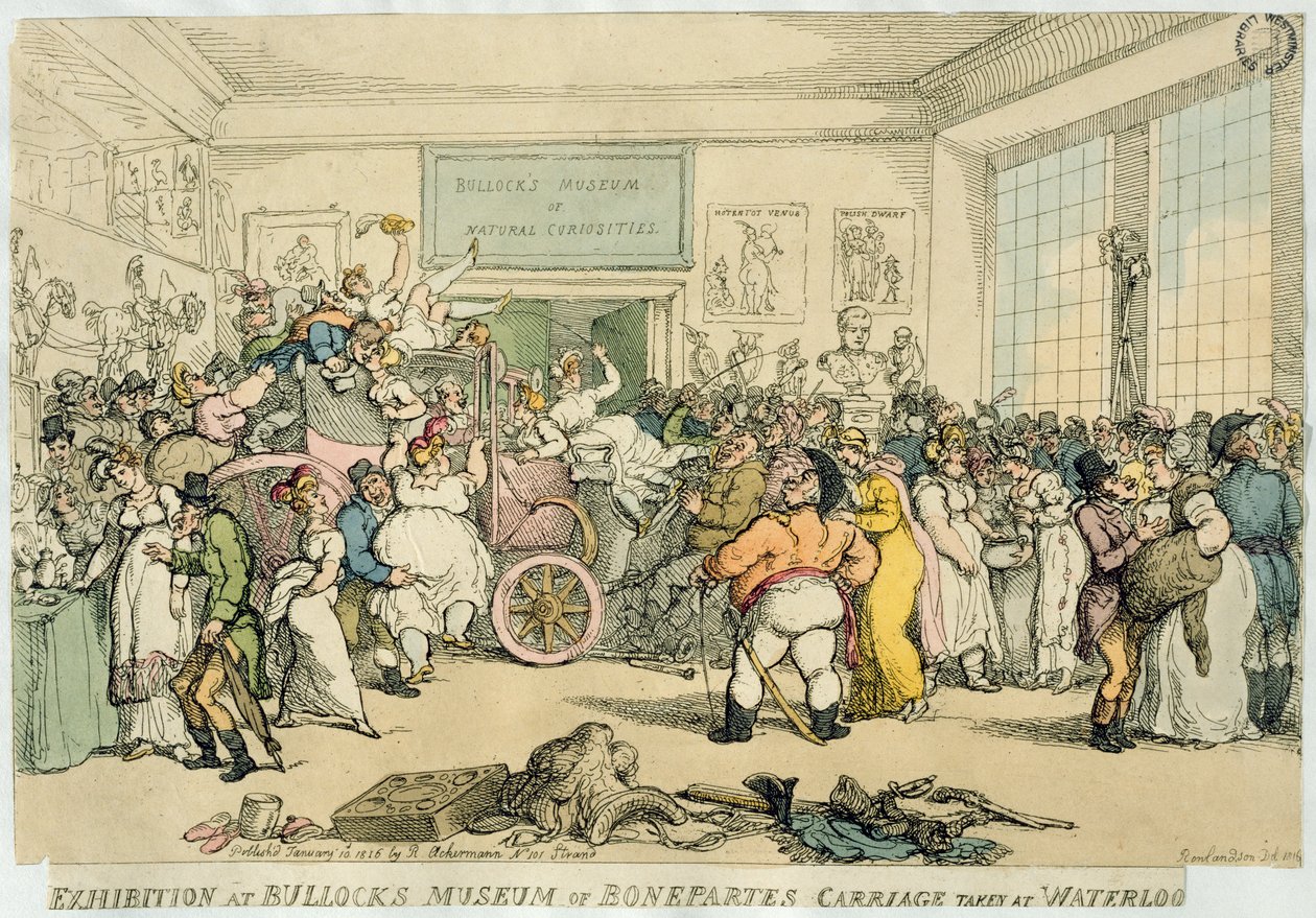 Esposizione al Museo di Bullock della carrozza di Bonaparte presa a Waterloo, pub. da Rudolph Ackermann da Thomas Rowlandson