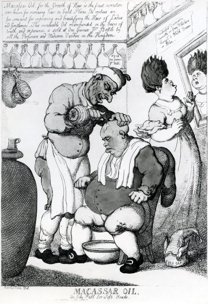 Massacar Oil, un olio untuoso per teste morbide, 1814 da Thomas Rowlandson