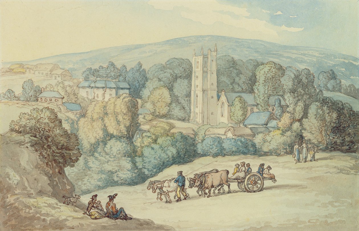 La chiesa e il villaggio di St. Cue, Cornovaglia, c.1812 da Thomas Rowlandson