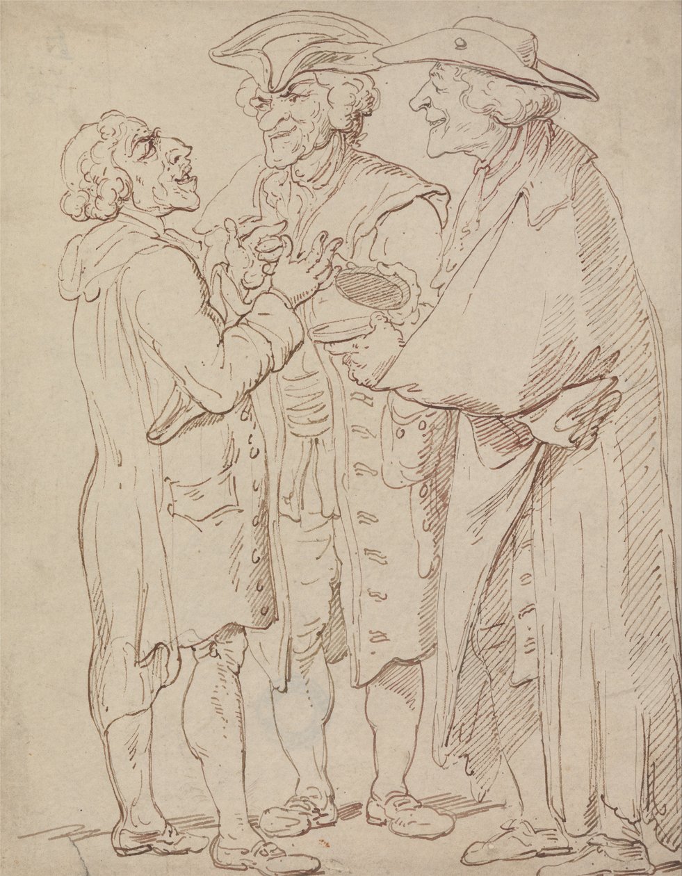 Tre figure maschili a figura intera che parlano da Thomas Rowlandson
